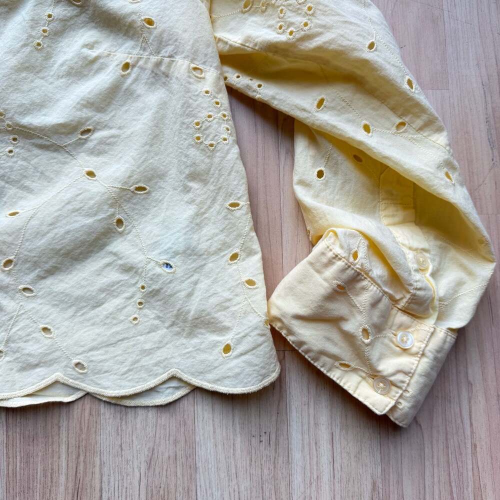 Butter Yellow 100% Cotton Eyelet Button Down Crop Blouse Long Sleeve - Picture 3 of 8